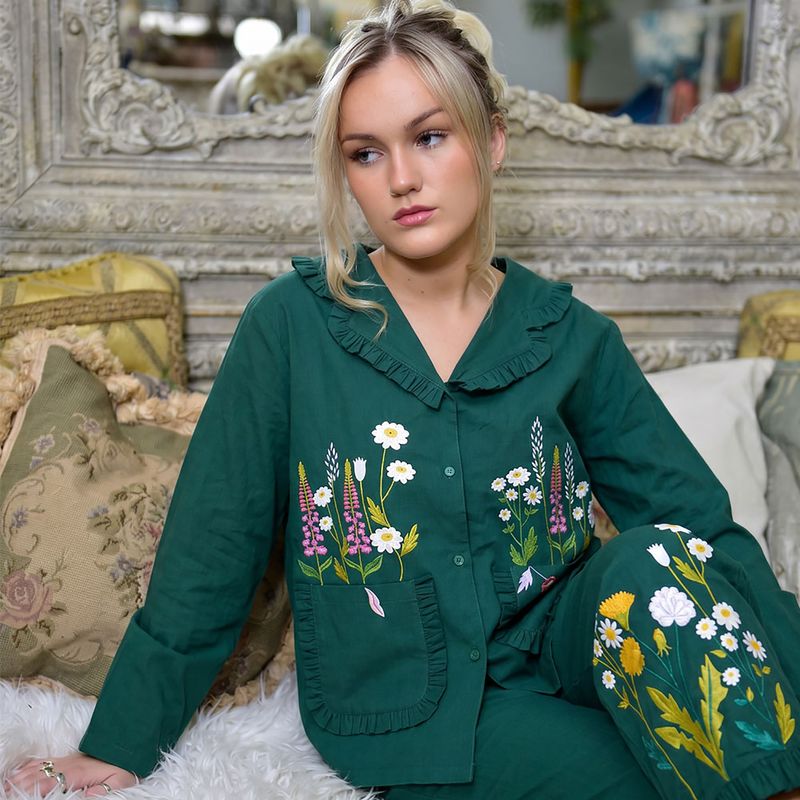 Forest Green Embroidered Floral Cotton Pyjamas