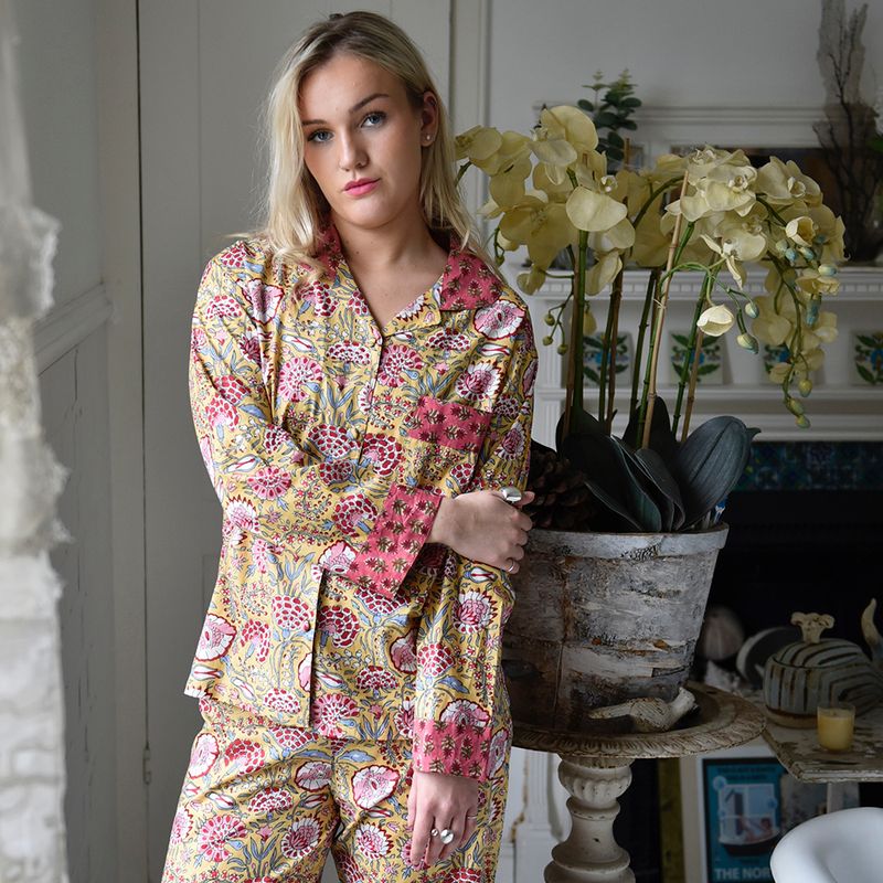 Yellow & Pink Carnation Cotton Pyjamas
