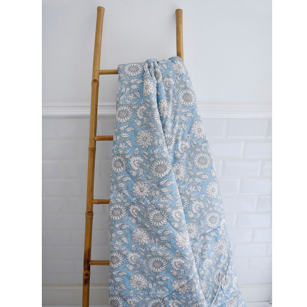 Block Printed Blue Cornflower Cotton Indian Bed Quilt