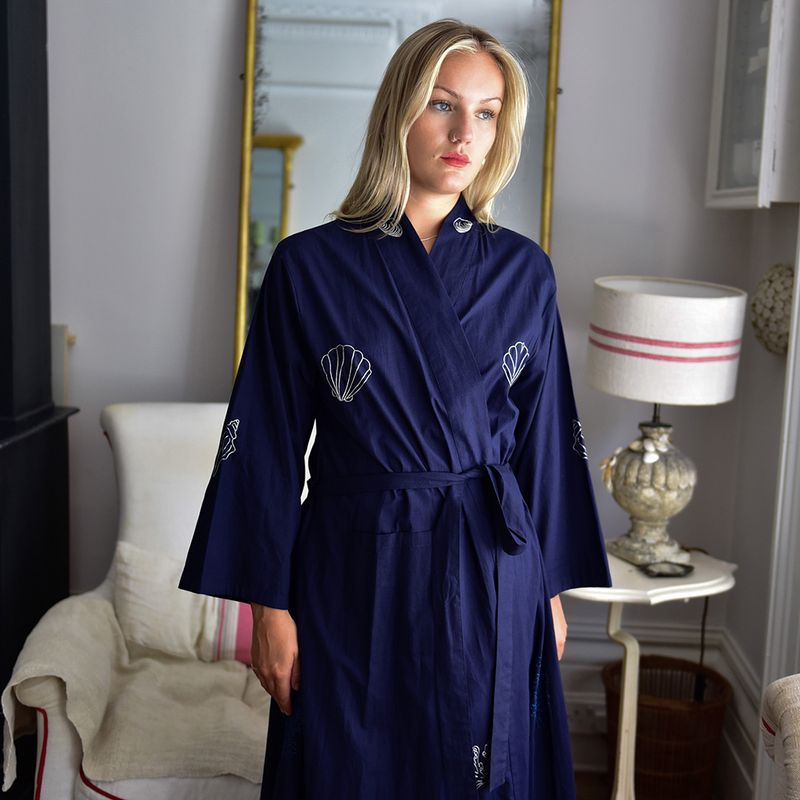 Navy Blue Embroidered Sea Shell Cotton Dressing Gown