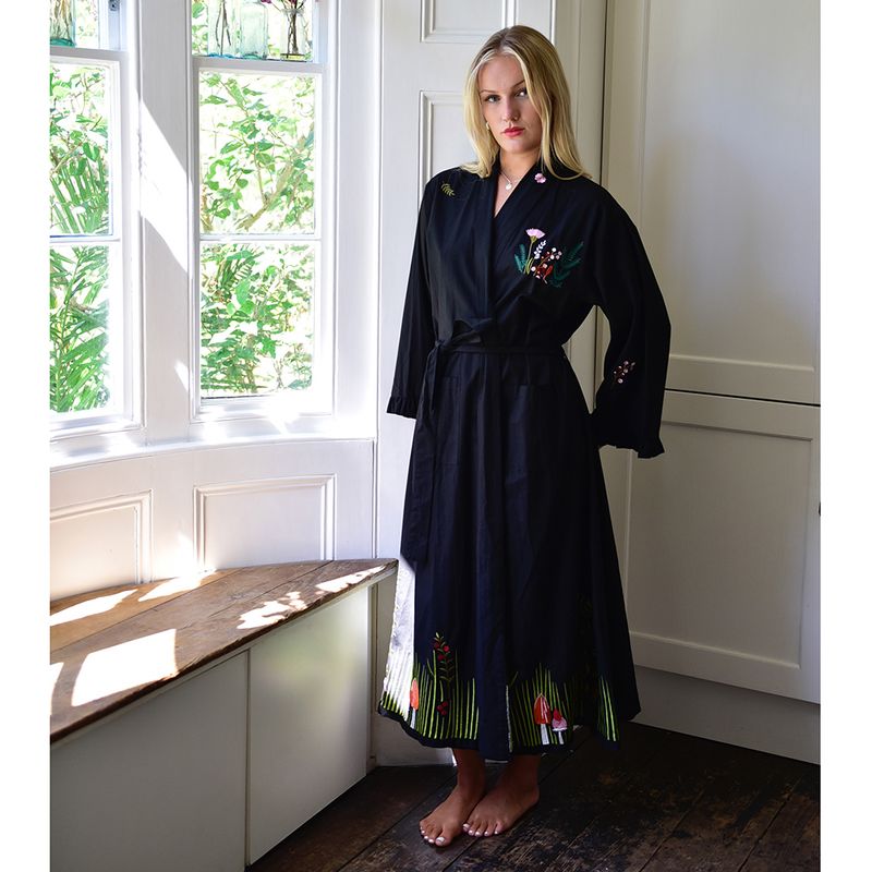 Midnight Black Embroidered Woodland Cotton Dressing Gown