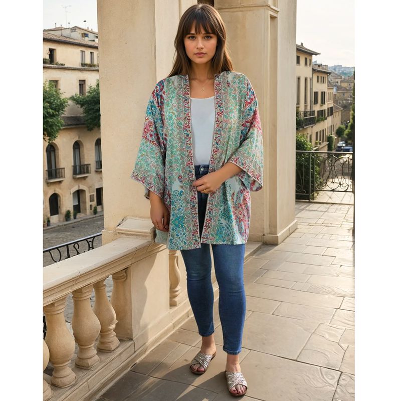 Pink, Blue & Cream Floral Paisley Print Viscose Summer Jacket