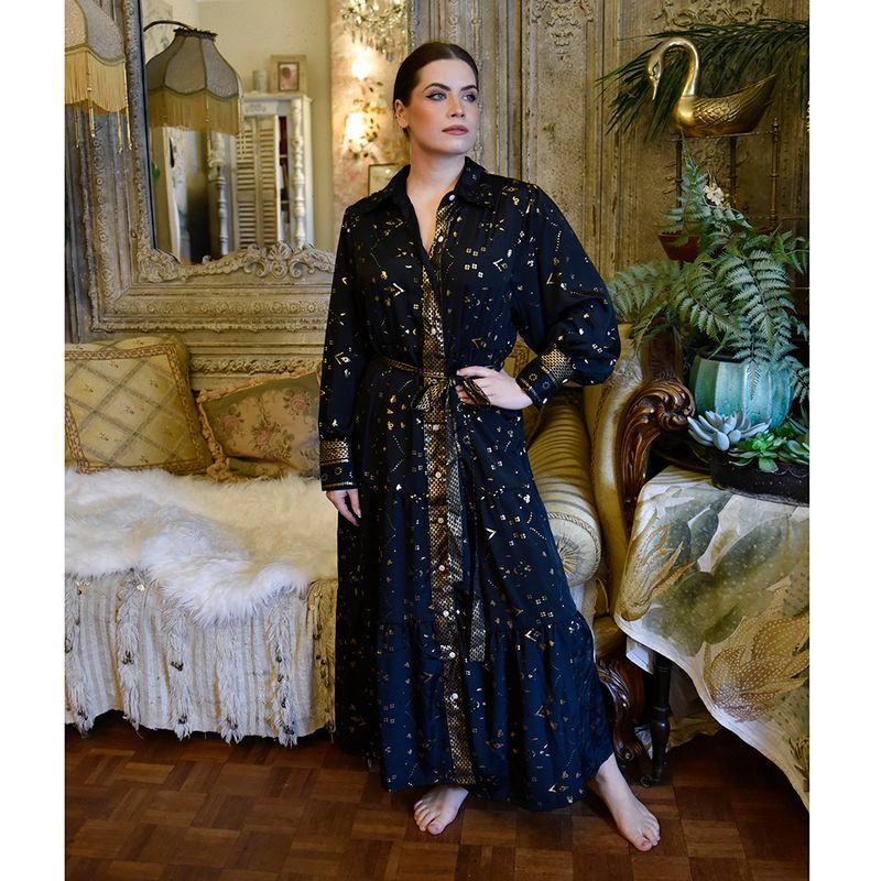 'Ember' Black & Gold Small Geo Print Long Tiered Dress