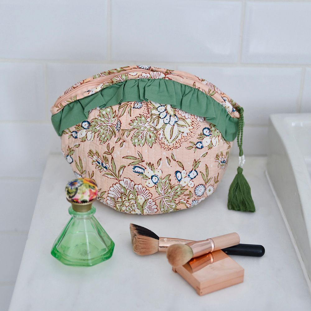 Block Printed Peach Floral Quilted Make Up Bag