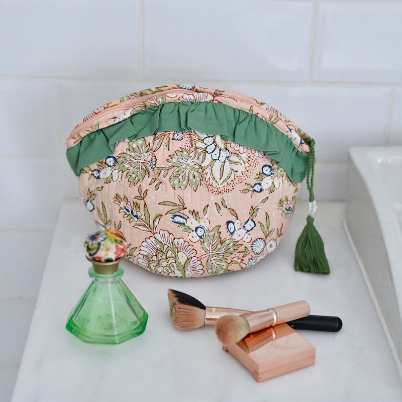 Block Printed Peach Floral Quilted Make Up Bag