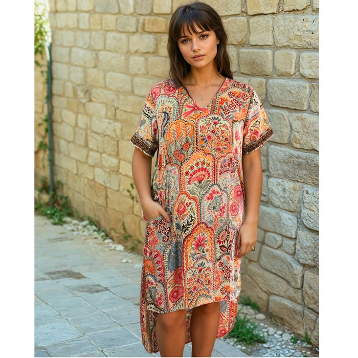Pink, Orange & Cream Floral Tile Print Long Shirt