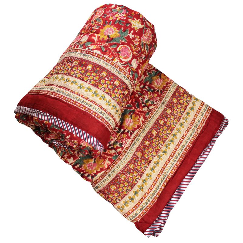 Deep Red, Green & Mustard Floral Indian Block Printed Cotton Bed Quilt