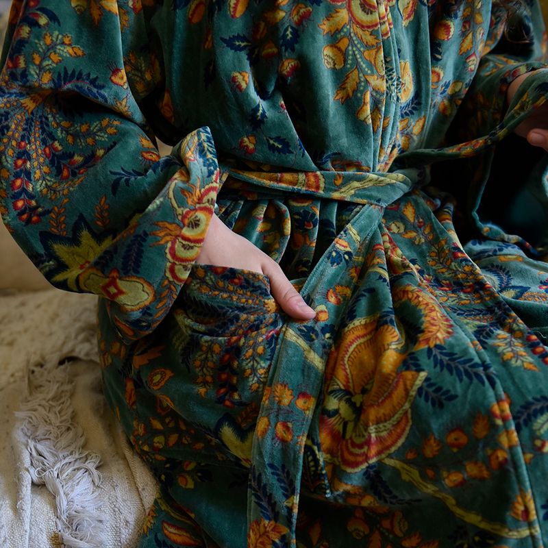 Velvet Green Exotic Bouquet Dressing Gown