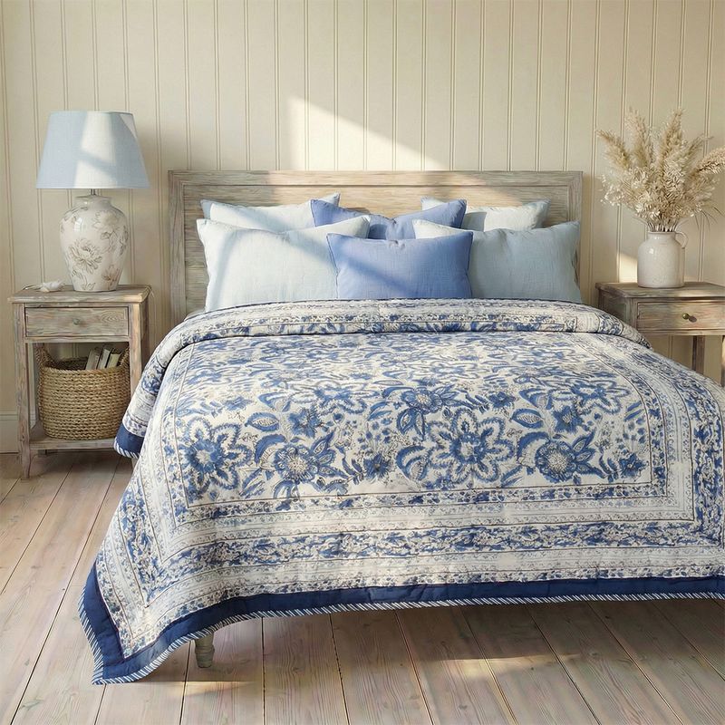 Indigo Blue & White Floral Indian Block Printed Cotton Bed Quilt