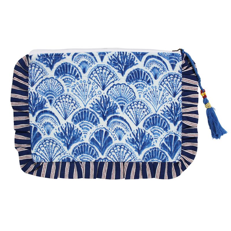 Blue & White Sea Shell Quilted Ruffle Make Up Bag