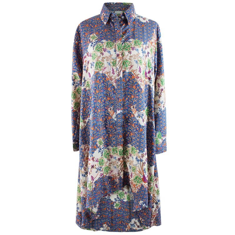 'Dawn' Buttoned Blue & Orange Mixed Floral Print Shirt Dress