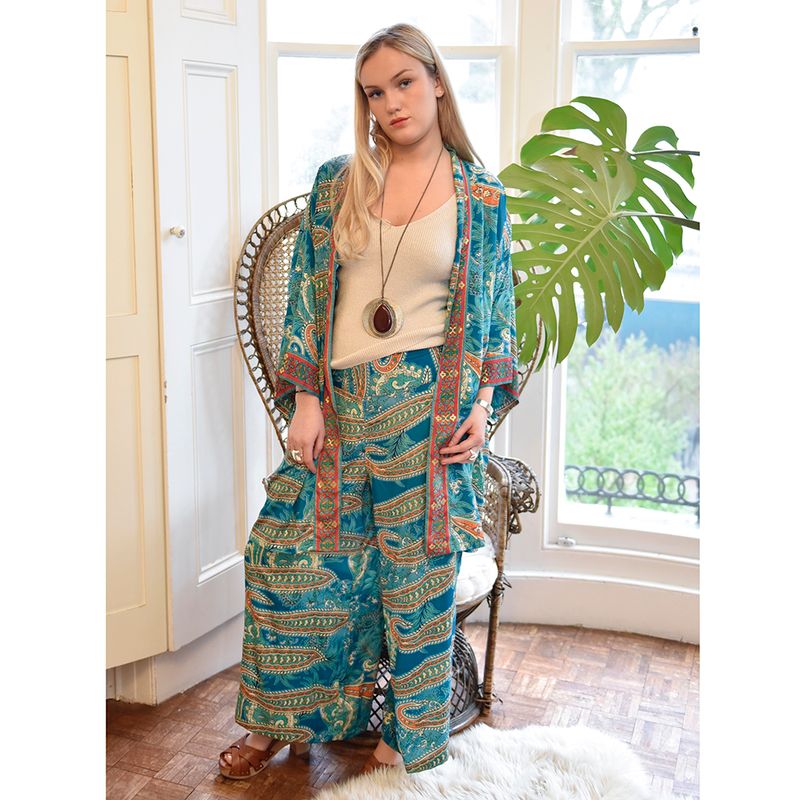 'Lennon'  Turquoise & Pink Paisley Viscose Palazzo Trousers