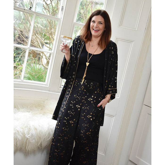 'Ziggy'  Black & Gold Small Geo Print Viscose Palazzo Trousers