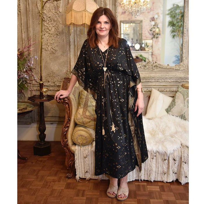 'Fable' Black & Gold Small Geo Print Kaftan Dress