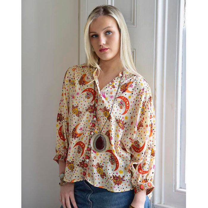 Celestial Moon & Stars Print Button Down Shirt
