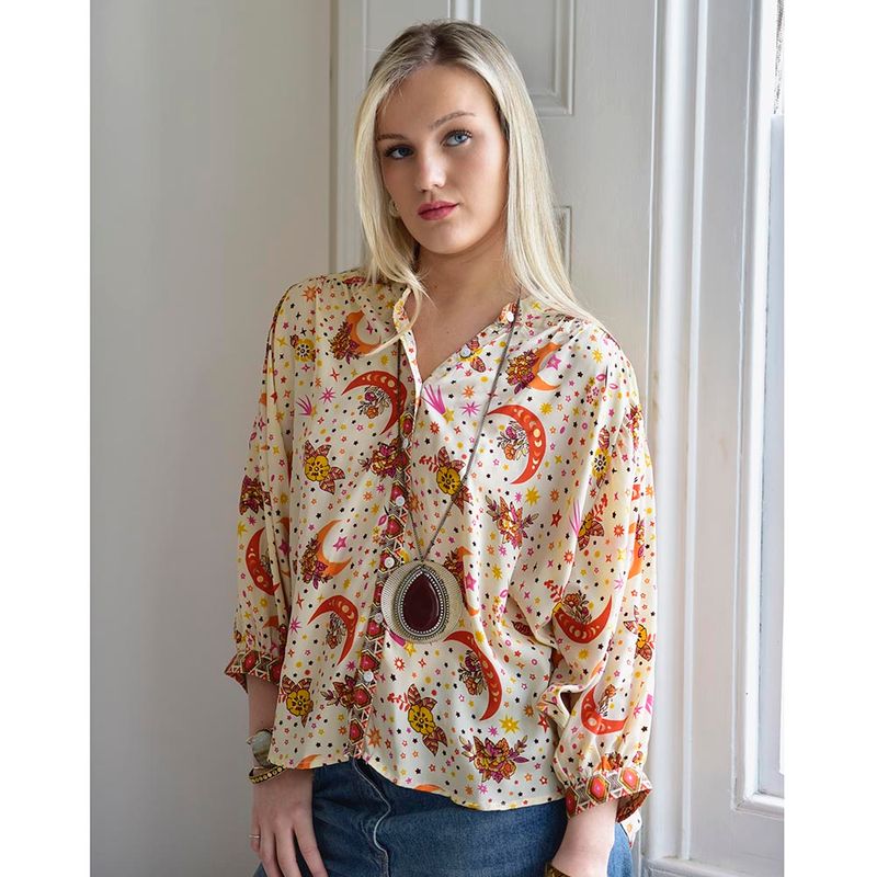 Celestial Moon & Stars Print Button Down Shirt