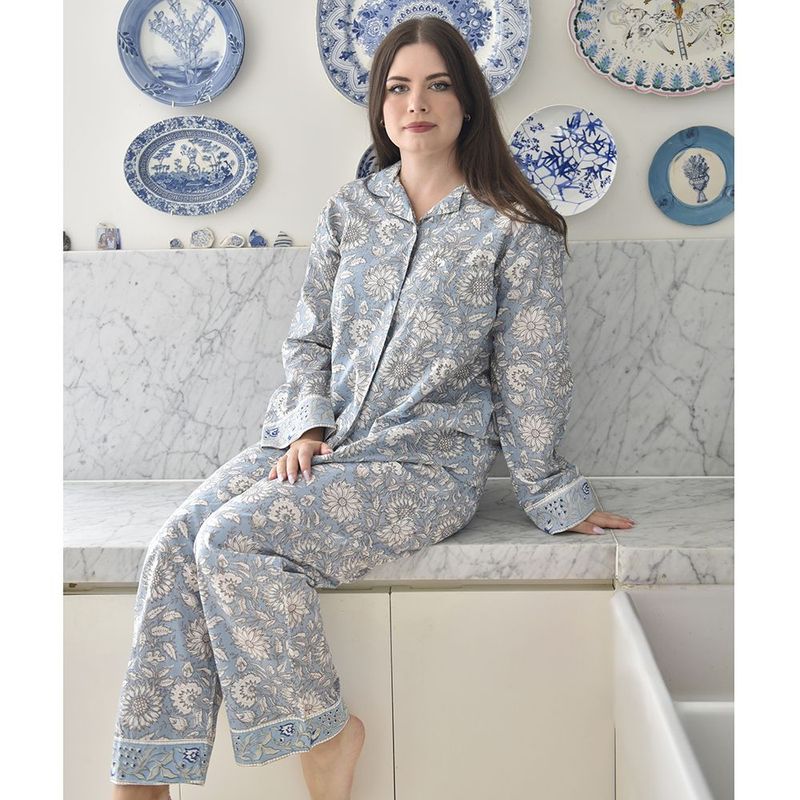 Block Printed Blue Cornflower Cotton Pyjamas