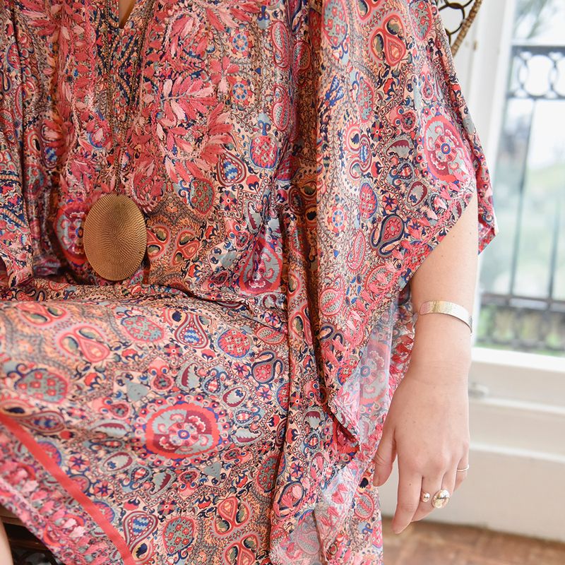 Bohemian Paisley Viscose Kaftan In Pink with Heavy Pink Ombre Fishbone Embroidery