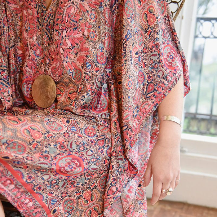Bohemian Paisley Viscose Kaftan In Pink with Heavy Pink Ombre Fishbone Embroidery