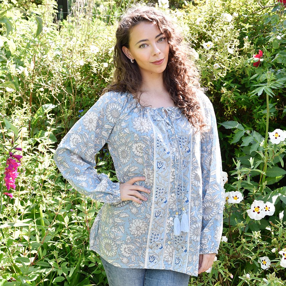 Block Printed Blue Cornflower Cotton Blouse 'Emery'