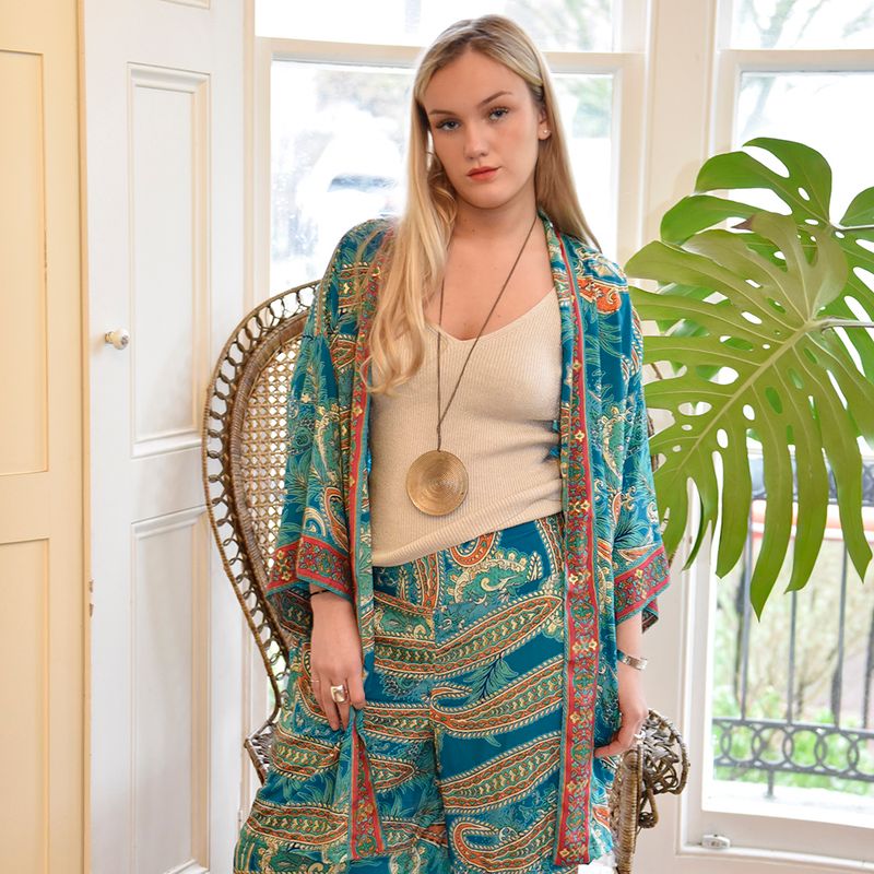 Turquoise & Pink Paisley Viscose Long Summer Jacket