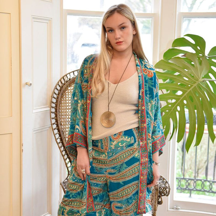 Turquoise & Pink Paisley Viscose Long Summer Jacket