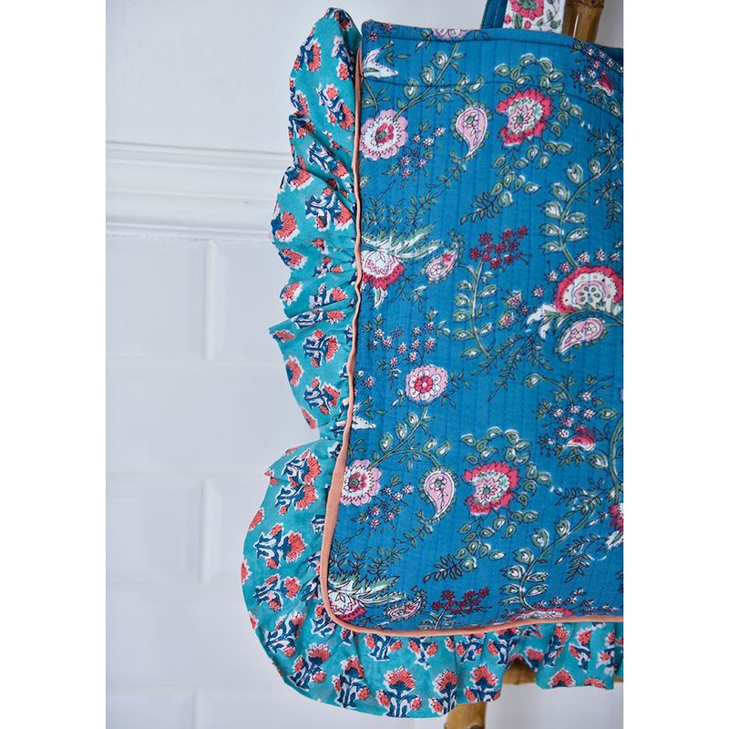 Block Printed Blue & Pink Floral Quilted Ruffle Tote Bag