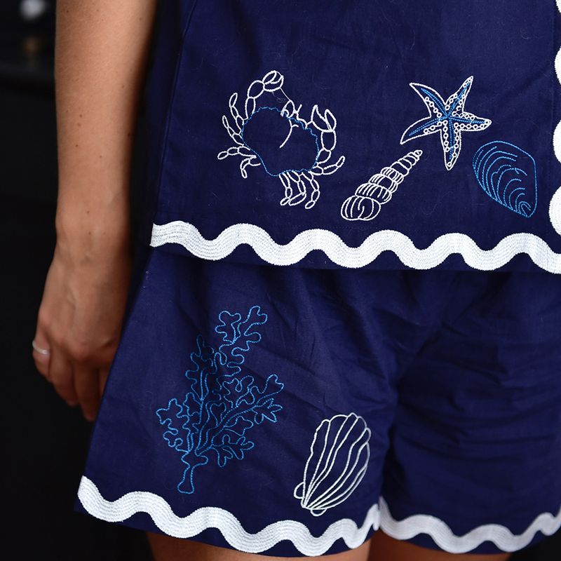 Navy Blue Embroidered Sea Shell Cotton Short Pyjama Set