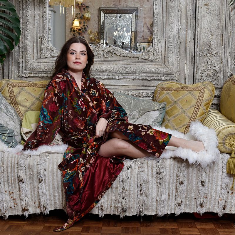 Velvet Burgundy Exotic Bouquet Dressing Gown