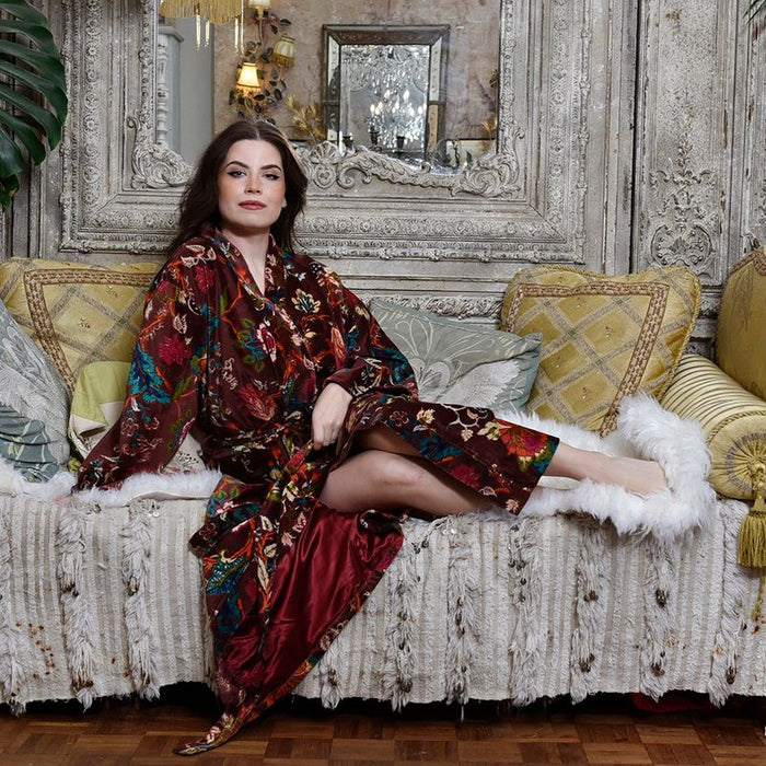 Velvet Burgundy Exotic Bouquet Dressing Gown