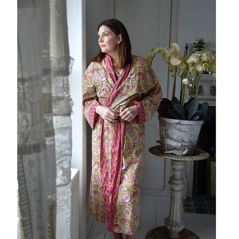 Yellow & Pink Carnation Cotton Dressing Gown
