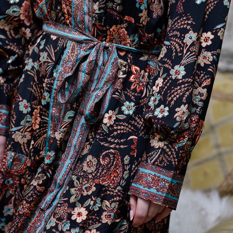 'Amara' Black, Blue & Red Floral Paisley Print Long Tiered Dress