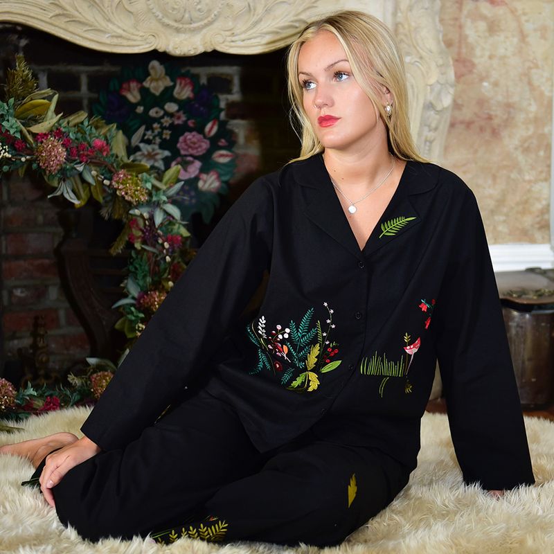 Midnight Black Embroidered Woodland Cotton Pyjamas