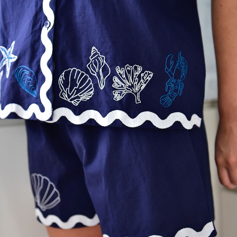 Navy Blue Embroidered Sea Shell Cotton Short Pyjama Set