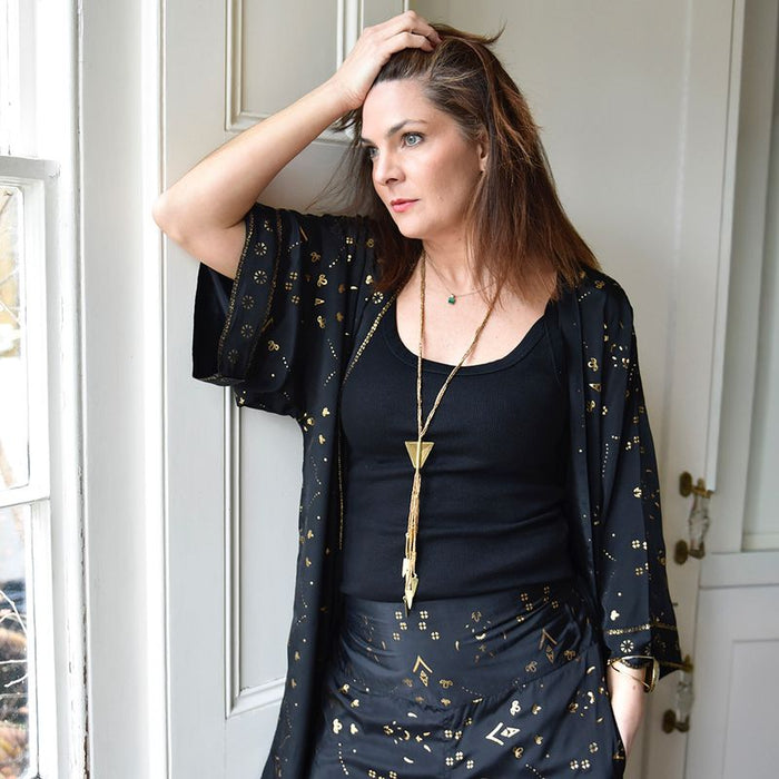 Black & Gold Small Geo Print Viscose Long Summer Jacket