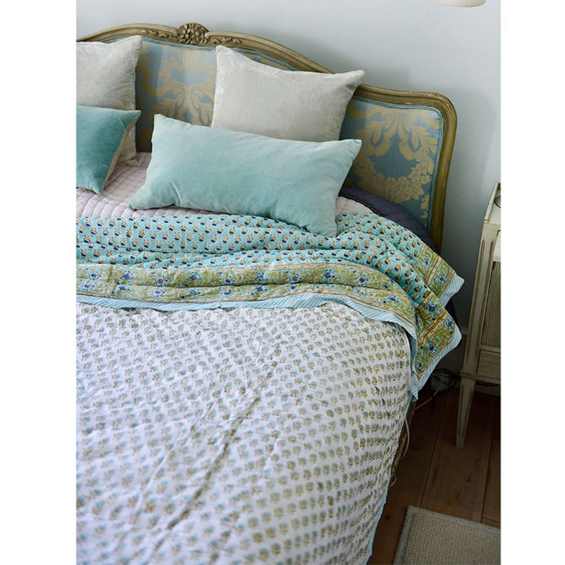 Turquoise Floral Indian Block Printed Cotton Bed Quilt