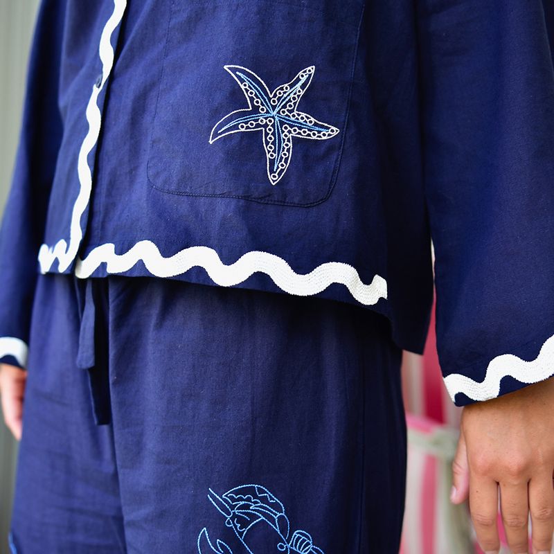 Navy Blue Embroidered Sea Shell Cotton Pyjamas