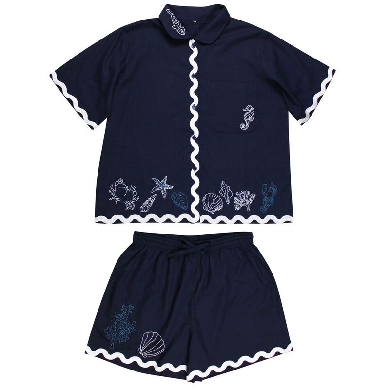 Navy Blue Embroidered Sea Shell Cotton Short Pyjama Set