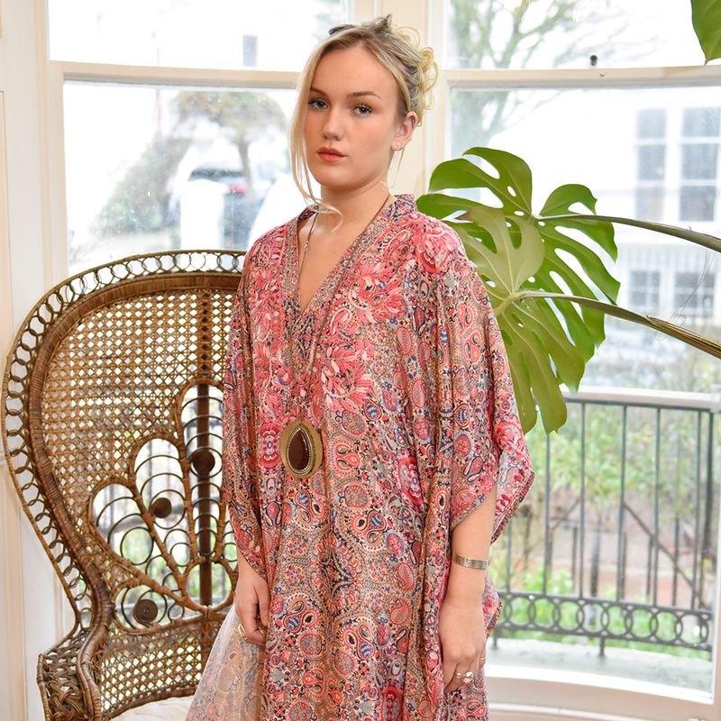 Bohemian Paisley Viscose Kaftan In Pink with Heavy Pink Ombre Fishbone Embroidery
