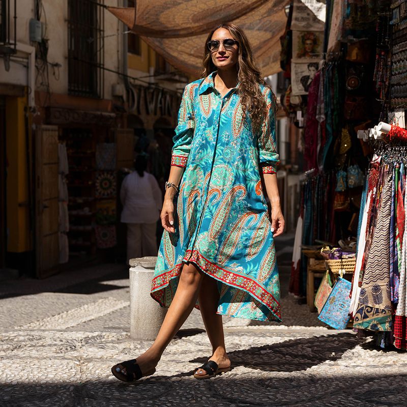 'Ella' Buttoned Turquoise & Pink Paisley Shirt Dress