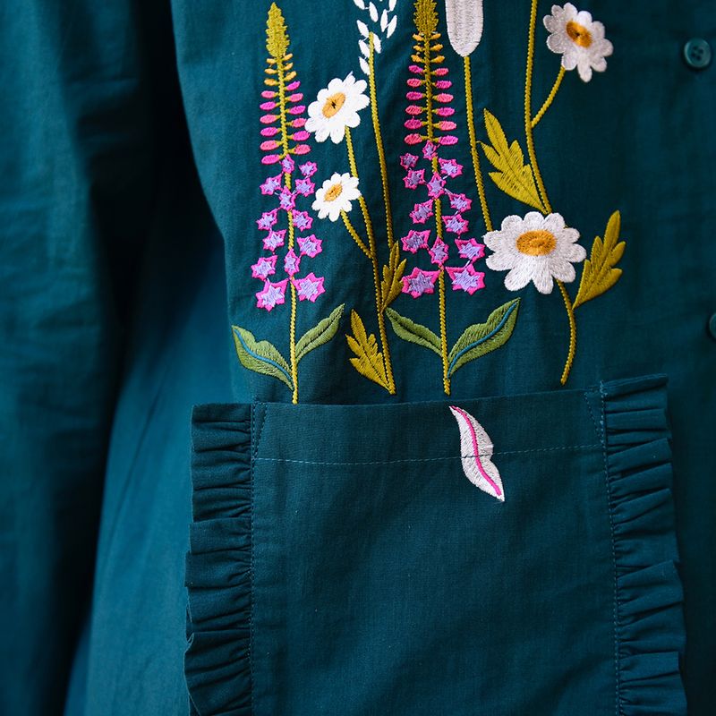 Forest Green Embroidered Floral Cotton Pyjamas
