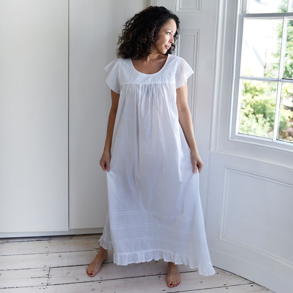 Ladies White Cotton Capped Sleeve Nightdress Nadine