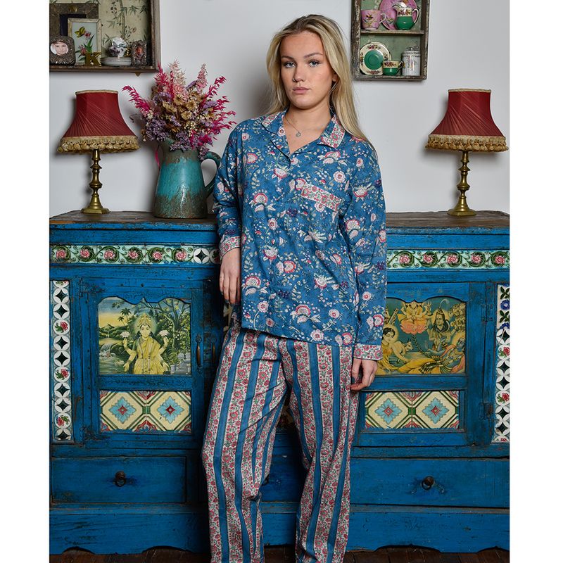 Block Printed Inky Blue & Pink Floral Stripe Cotton Pyjamas