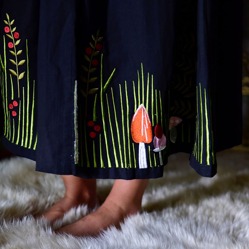 Midnight Black Embroidered Woodland Cotton Dressing Gown