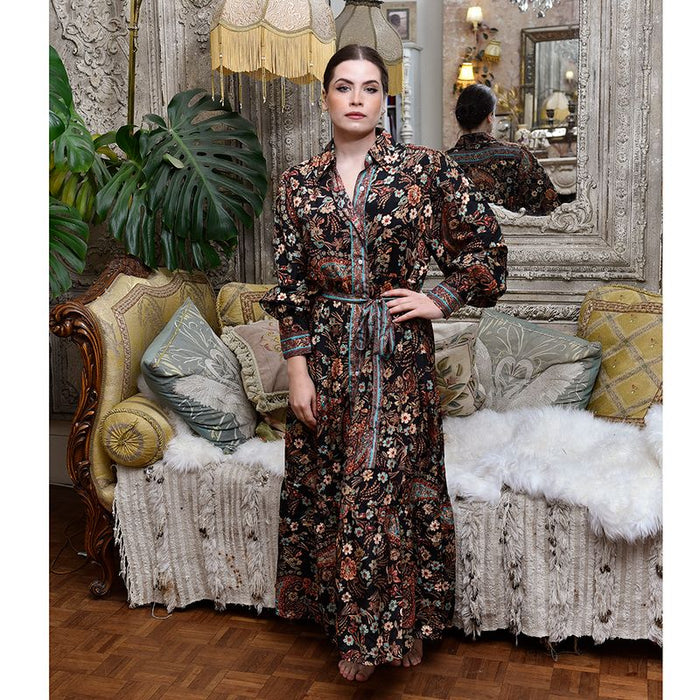 'Amara' Black, Blue & Red Floral Paisley Print Long Tiered Dress