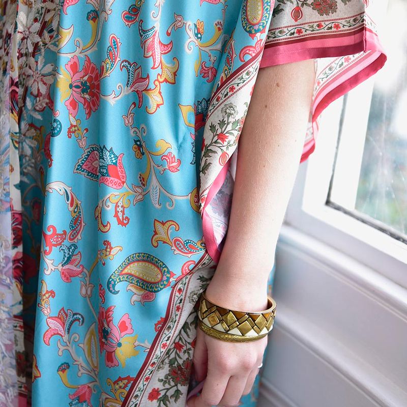 Exotic Floral Viscose Kaftan Jacket with Heavy Cream Fishbone Embroidery
