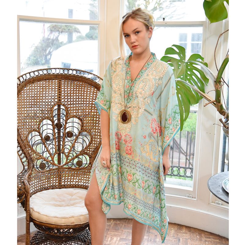 Floral Rose Border Viscose Kaftan In Turquoise with Heavy Cream Fishbone Embroidery