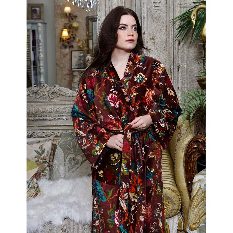 Velvet Burgundy Exotic Bouquet Dressing Gown