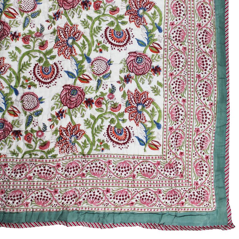 Turquoise, Pink & Burgundy Floral Indian Block Printed Cotton Bed Quilt