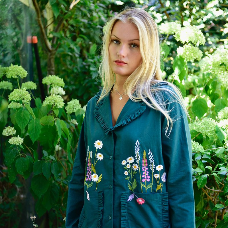 Forest Green Embroidered Floral Cotton Pyjamas